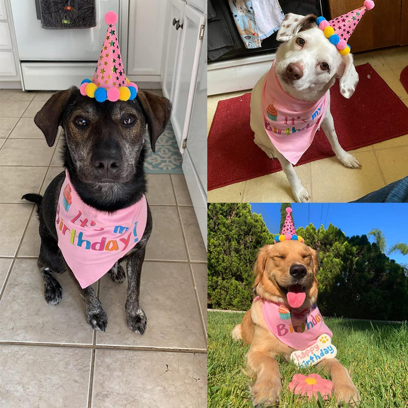PUPTECK Dog Birthday Bandana Scarfs with Cute Doggie Birthday Party Hat Large Pink - BeesActive Australia