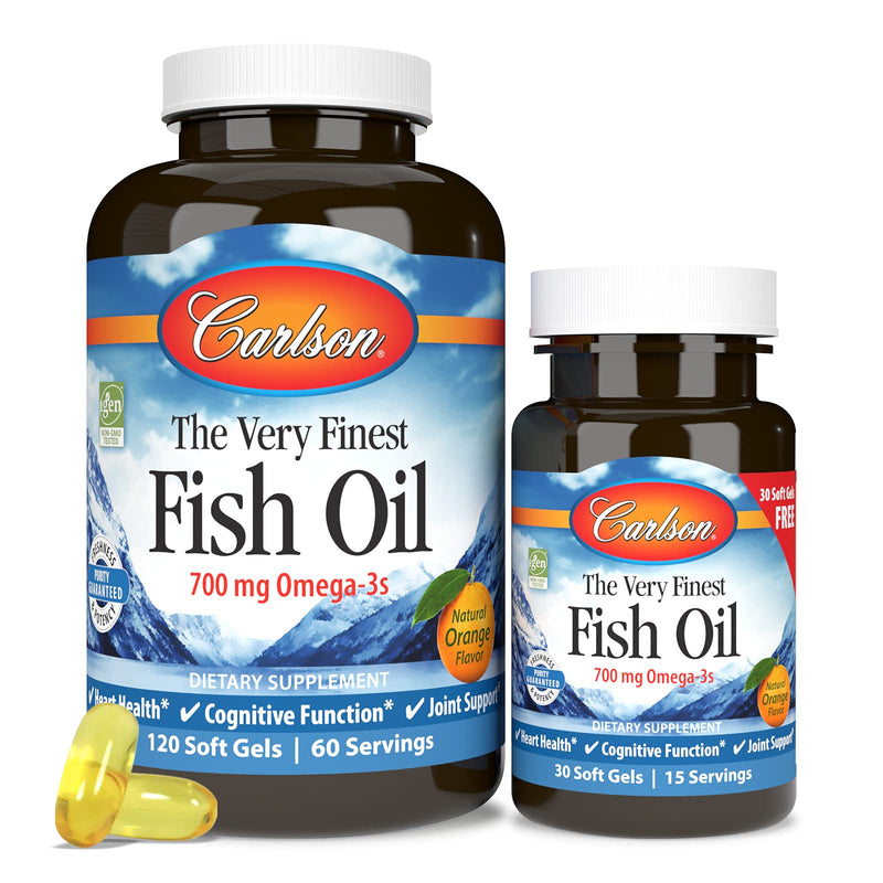 Carlson - The Very Finest Fish Oil, 700 mg Omega-3s, Norwegian Fish Oil Supplement, Wild Caught Omega-3 Fish Oil, Sustainably Sourced Fish Oil Capsules, Omega-3 Supplement, Orange, 120+30 Softgels - BeesActive Australia