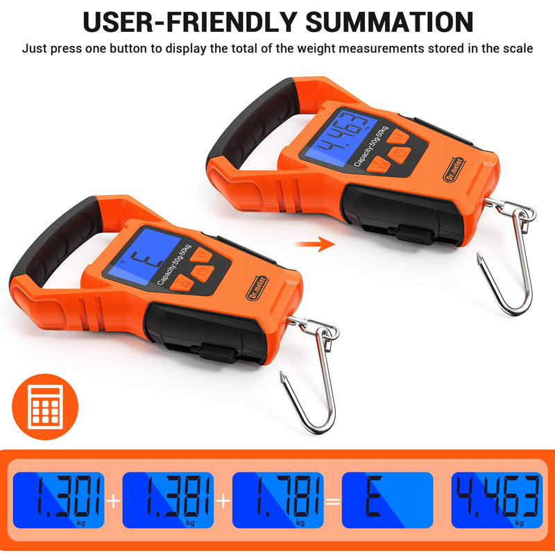 IPX7 Waterproof Fishing Scale, Dr.meter Upgraded YW-S068 110lb/50kg Backlit LCD Display Digital Hanging Scale with Bigger Handle and Hook, Built-in Tape, Battery Included - BeesActive Australia