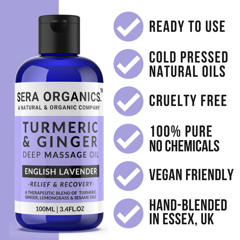 Turmeric & Ginger Massage Oil - Natural Ginger Oil Therapy For Lymphatic Drainage, Nerve, Muscle & Joint Discomfort Relief, Warming Relaxing & Soothing Massage - With Lavender (100ml) By Sera Organics 100 ml (Pack of 1) - BeesActive Australia