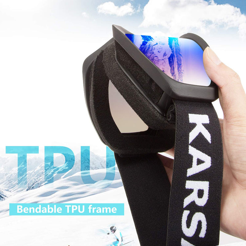 Karsaer Ski Goggles Anti-Fog Snow Goggles OTG 100% UV Protection Snowboard Goggles Bendable Dual-Lenses for Men Women Youth Matte Black Frame Green Mirrored Lens Vlt 18% - BeesActive Australia