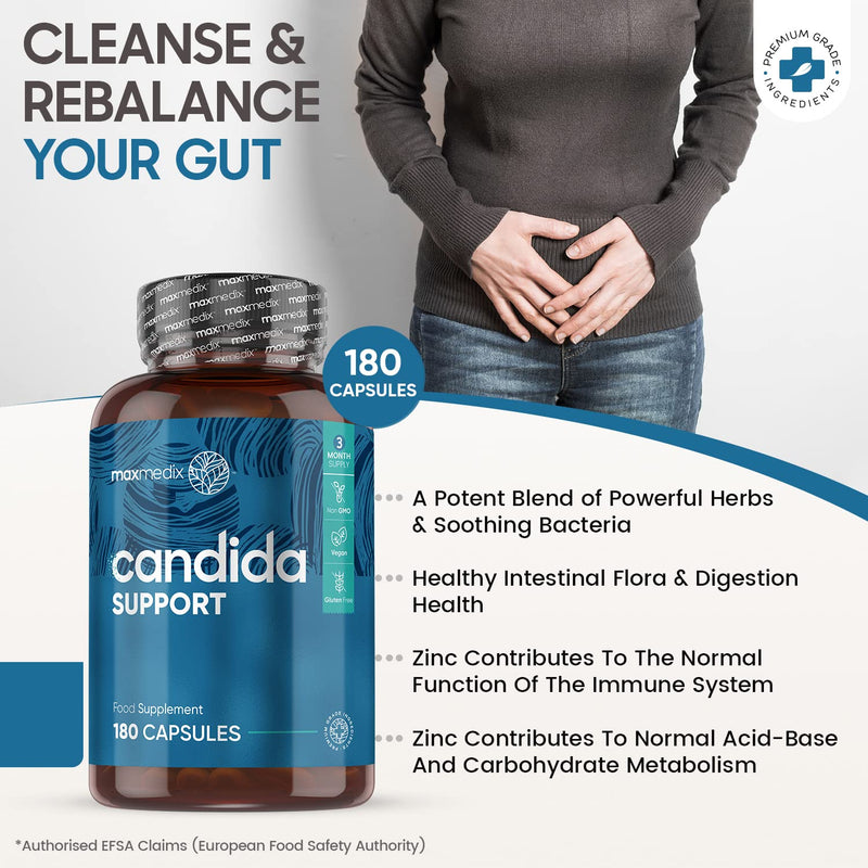 Candida Support - 180 Vegan Capsules (3 Month Supply) - With 400 Million Bacterial Cultures, Caprylic Acid & Other Active Ingredients - Candida Complex For Gut Health & Intimate Flora -For Women & Men - BeesActive Australia