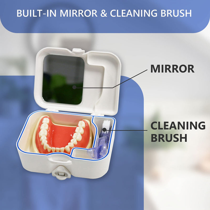 Denture Bath Case Cup Box with Mirror & Clean Brush, Portable Denture Holder Storage Soak Container for Travel Cleaning, Mouth Guard Night Gum Retainer Container - BeesActive Australia