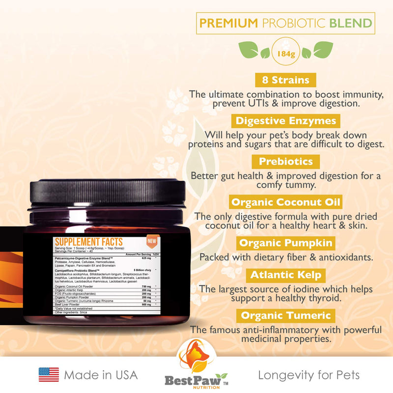 Probiotics for Dogs & Cats with Prebiotics & Digestive Enzymes Best for Gas Diarrhea UTI & Yeast Infection Relief Grain Free Powder Supplement Organic Coconut Oil Pumpkin & Turmeric Made in The USA - BeesActive Australia