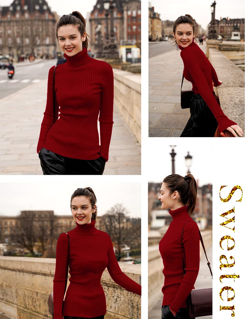 v28 Mock Neck Ribbed Sweaters for Women Cute Sexy Knitted Warm Fitted Fashion Pullover Sweater Medium Turtburgundy - BeesActive Australia