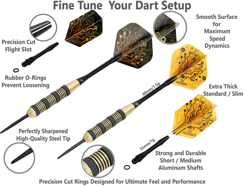 CC-Exquisite Professional Steel Tip Darts Set - 6 x 20g Brass Barrels with 12 Flights, Black - BeesActive Australia