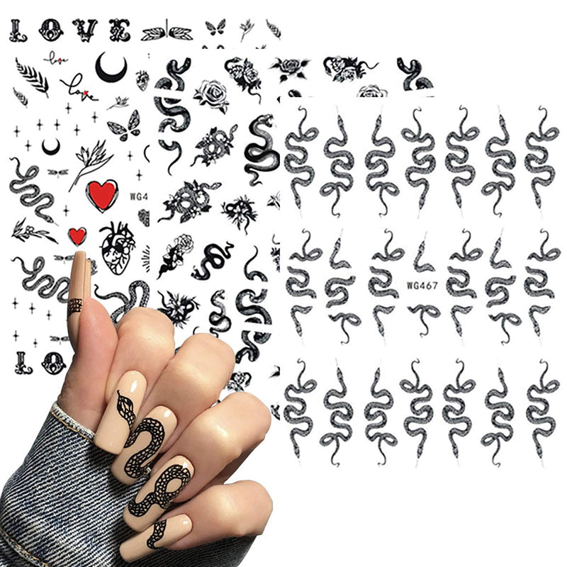 6 Sheets Hot Snake Dragon 3D Self-Adhesive Nail Art Stickers,Black White Python Flower Dragon Love Leaves Nail Decals for Acrylic Nail Supplies,DIY Cool Street Fashion Nail Decorations - BeesActive Australia