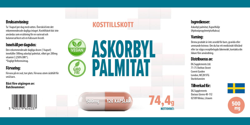 Ascorbyl Palmitate 500mg 120 Vegan Capsules, 3rd Party Lab Tested, High Strength Supplement, No Fillers or Bulkers, Gluten and GMO Free - BeesActive Australia