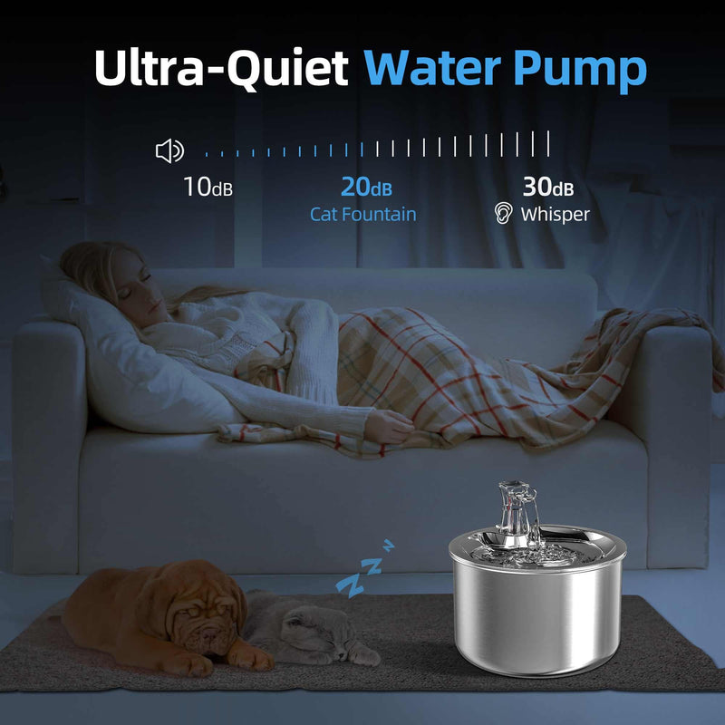 Homtyler Cat Water Fountain, Stainless Steel Pet Water Fountain for Cats Inside Ultra-Quiet Pump, 2L/67oz Automatic Dog Dispenser Water Bowl, Multiple Pets Water Fountain Sliver - BeesActive Australia