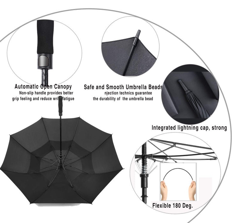 Baraida Golf Umbrella Large 54/62/68 Inch, Extra Large Oversize Double Canopy Vented Windproof Waterproof Umbrella, Automatic Open Golf Umbrella for Men and Women and Family 62 in Black - BeesActive Australia