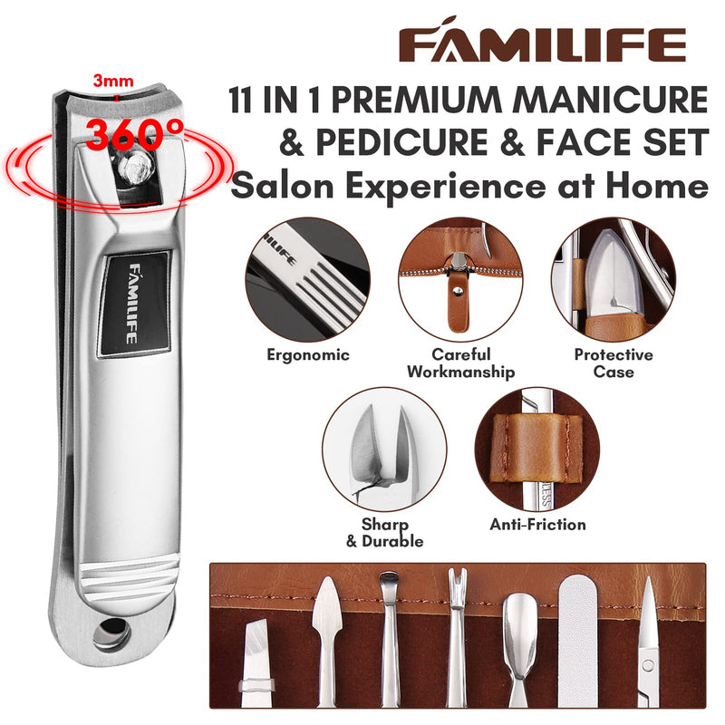 Manicure Set, FAMILIFE Professional Manicure Kit Nail Clippers Set 11 in 1 Stainless Steel Pedicure Tools Kit Nail Kit Men Grooming Kit with Portable Brown Leather Travel Case Luxury Gifts for Him - BeesActive Australia