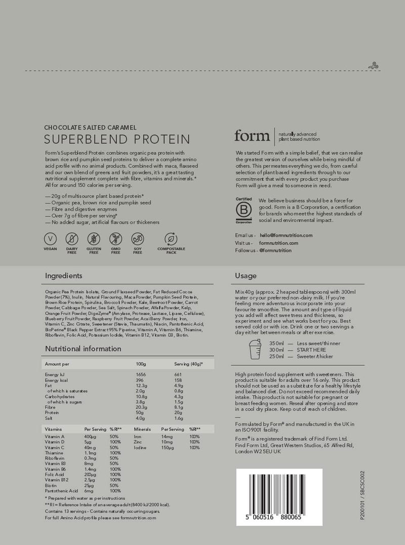 Form Superblend Protein - Vegan Protein Powder with Superfoods, Vitamins and Minerals (Chocolate Salted Caramel) Chocolate Salted Caramel 520 g (Pack of 1) - BeesActive Australia