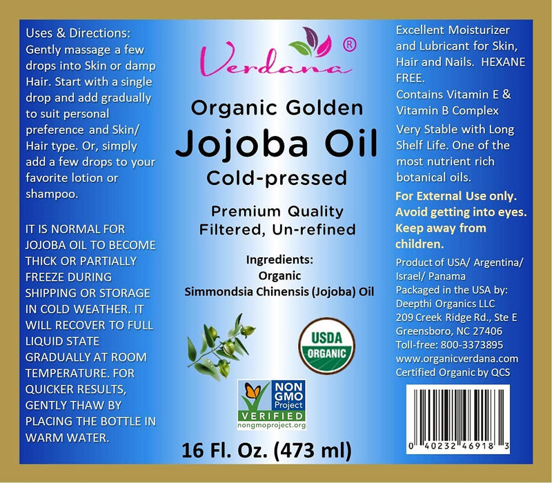 Organic Verdana Golden Jojoba Oil – USDA Certified Organic – Cold Pressed, Unrefined, 100% Pure and Hexane Free – 16 Fl. Oz. 16 Fl Oz (Pack of 1) - BeesActive Australia