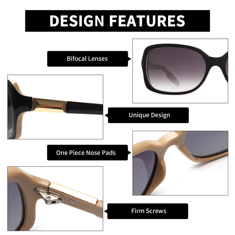 JM Classic Bifocal Reading Glasses Square Stylish Gradient Sunglasses Readers for Women Black+tortoise 2.5 x - BeesActive Australia