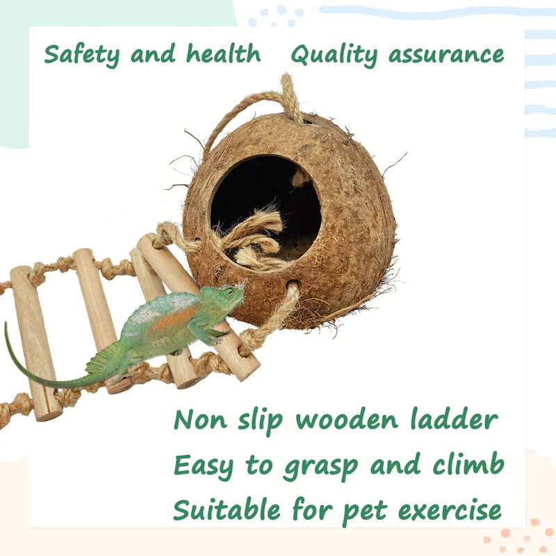 Gecko Coconut Shell Hut,Reptile Hideout Home Nesting House Natural Habitat Decor with Hanging Wooden Ladder for Lizard Gecko Hermit Crab - BeesActive Australia