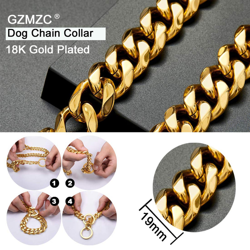 GZMZC Dog Chain Collar High 18K Gold Polished Stainless Steel Cuban Link Strong Heavy Duty Chew Proof Walking Training Chain Leash Collar for Small Medium Big Dogs 19mm width 20" recommend dog's neck:16" - BeesActive Australia