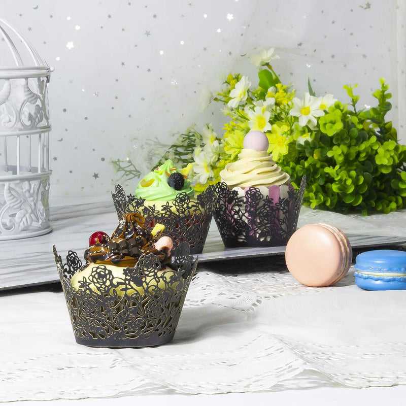 YOZATIA 60pcs Black Rose Lace Cupcake Wrappers Holders, Laser Cut Cupcake Liners Decorative Liners for Wedding Party Birthday Cake Decoration Supplies - BeesActive Australia
