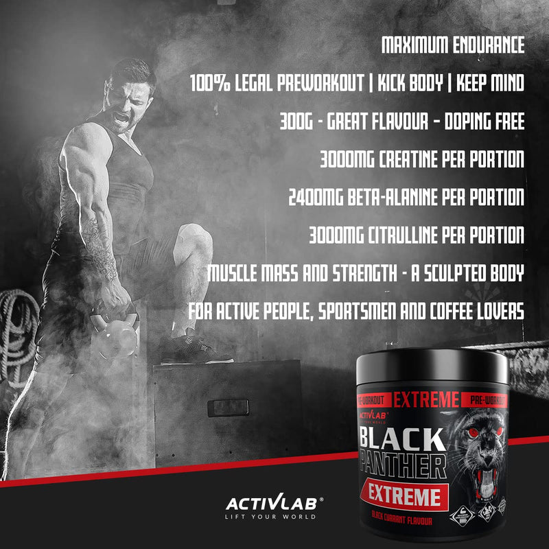 Activlab Black Panther Extreme 300g, Pre Workout Powder Energy, Physical Performance with Citrulline, Creatine, Beta Alanine, Caffeine, VIT B, HMB, 300g, 15 Servings (Black Currant) - BeesActive Australia
