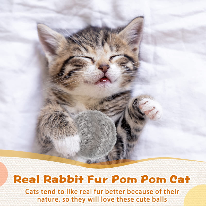12 Pieces Real Rabbit Fur Pom Pom Cat Toy Fluffy Cat Pom Pom Balls Soft Fuzzy Cat Rattle Balls for Kitty Pets Kitten Chase Quiet Play, 3 Inches in Diameter Gray, Coffee, White - BeesActive Australia