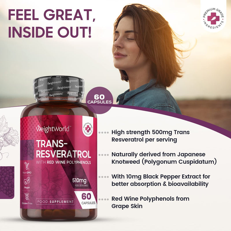 Resveratrol Supplements 510mg - 60 Capsules -Trans Resveratrol (from Knotweed) Skin Supplements - Black Pepper Extract & Red Wine Polyphenol from Grape Skin Extract - Vegan Resveratrol Powder Capsule - BeesActive Australia