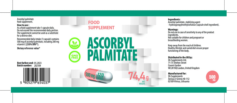 Ascorbyl Palmitate 500mg 120 Vegan Capsules, 3rd Party Lab Tested, High Strength Supplement, No Fillers or Bulkers, Gluten and GMO Free - BeesActive Australia