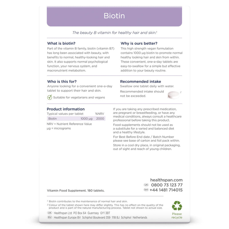 Healthspan Biotin 1,000?g (6 Months Supply) | Vitamin B for Healthy Hair & Skin | Supports Macronutrient Metabolism | One-a-Day Tablets | Vegan - BeesActive Australia