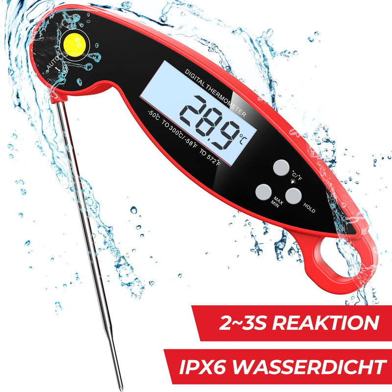 CGZZ Thermometer, Digital Meat Thermometer, Red, 4.6'' Folding Probe, 2-3S Instant Read Backlight and Magnet, IP67 Waterproof - BeesActive Australia