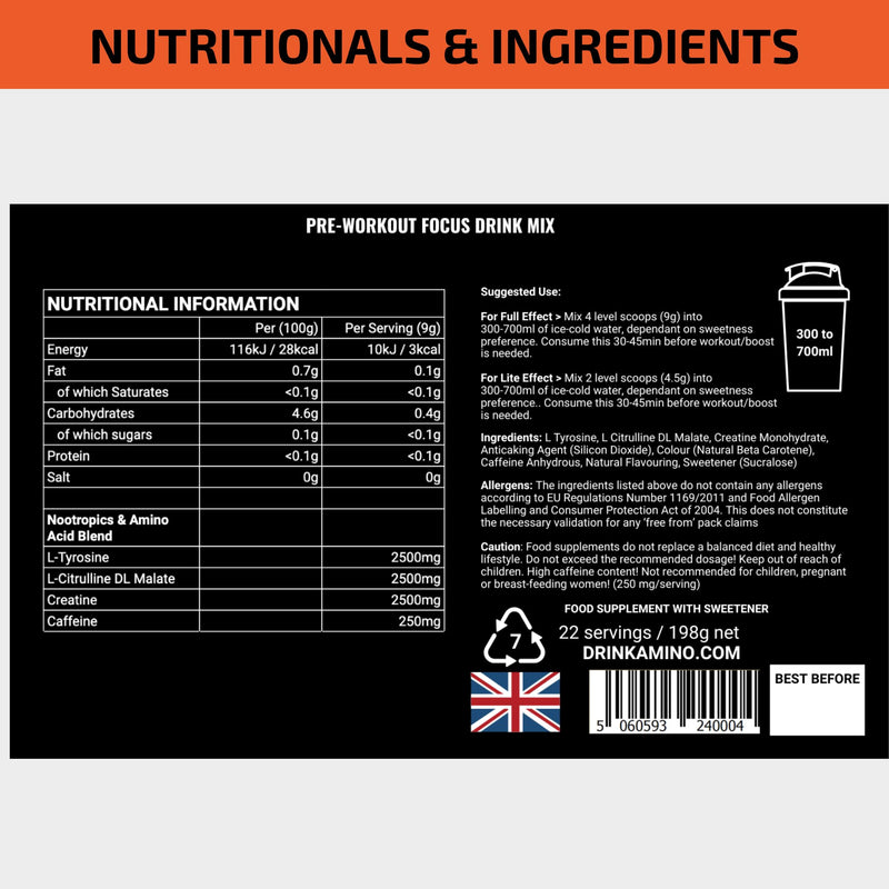 Amino Focus - Pre Workout Powder - 8000mg Nootropics with Caffeine, Creatine & Amino Acids - Preworkout Drink Men & Women - Sugar Free & Suitable for Vegans (Red Berry, 22 Servings) Red Berry - BeesActive Australia