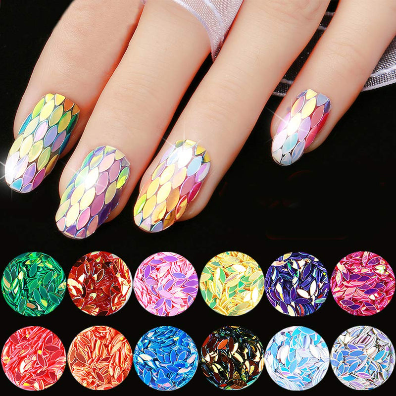 Nail Art Flake, 12 Boxes Nail Glitters Horse Eye Festival Sparkling Sequins Colorful Chunky Glitters for Slime, Face and Eye Make Up 12Horse Eye - BeesActive Australia