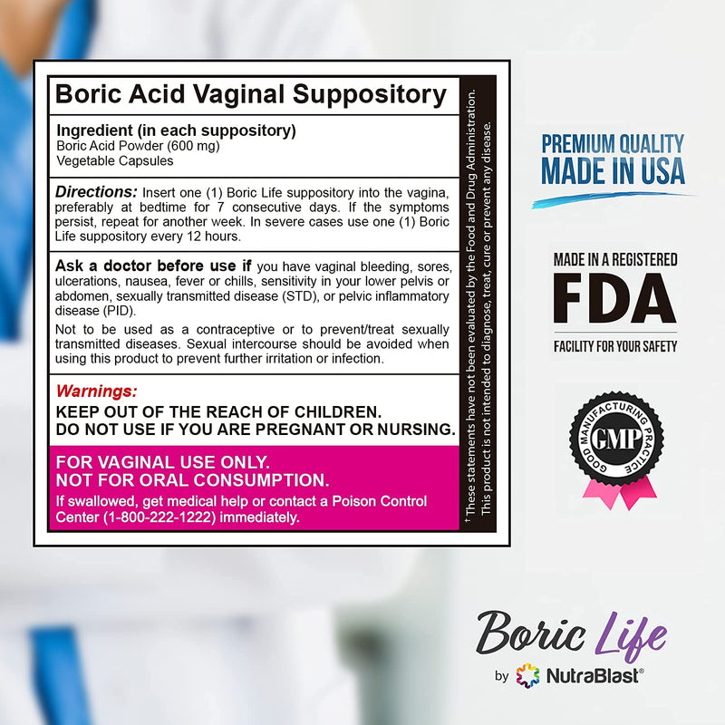 NutraBlast Boric Acid Suppositories 600mg w/ Vaginal Applicator, 30 Suppositories & 15 Applicators - Feminine Care - Made in USA - BeesActive Australia