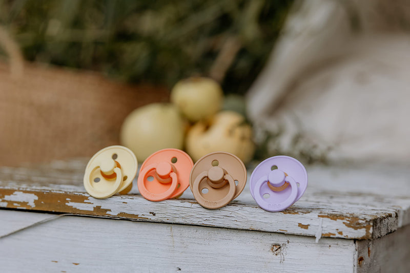 BIBS Pacifiers 0-6 Months | Pack of 2 Premium Soothers | BPA-Free Round Nipple | Made in Denmark | Papaya/Violet Sky Pacifier - BeesActive Australia