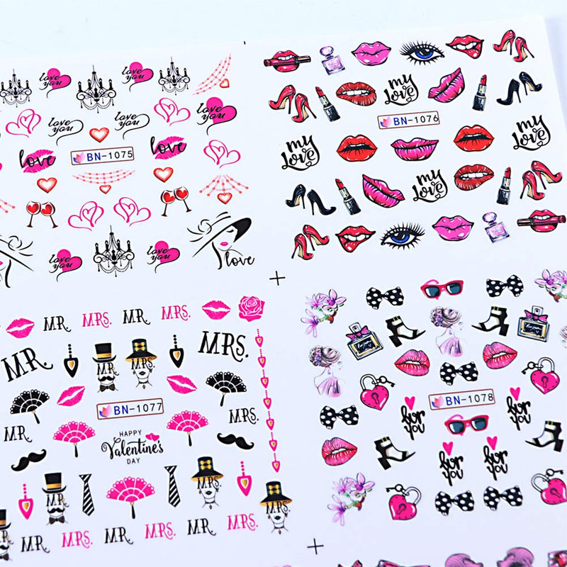 Valentine's Day Nail Art Stickers Water Transfer Nails Decals Lips Heart Letters Love Kiss Rose Pattern Nail Art Design for Women Girls Manicure Tips Charms Decorations Sexy Nails Supplies (12 Sheets) - BeesActive Australia