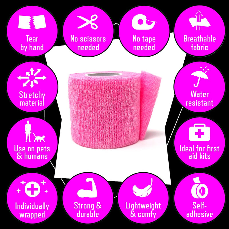 Inksafe Pink Self Adherent Cohesive Bandages 5cm x 4.5m Box of 12 - Uses Include Tattoo Grip Wrap, Vet Wrap, Tape for Wrist and Ankle Sprains - BeesActive Australia