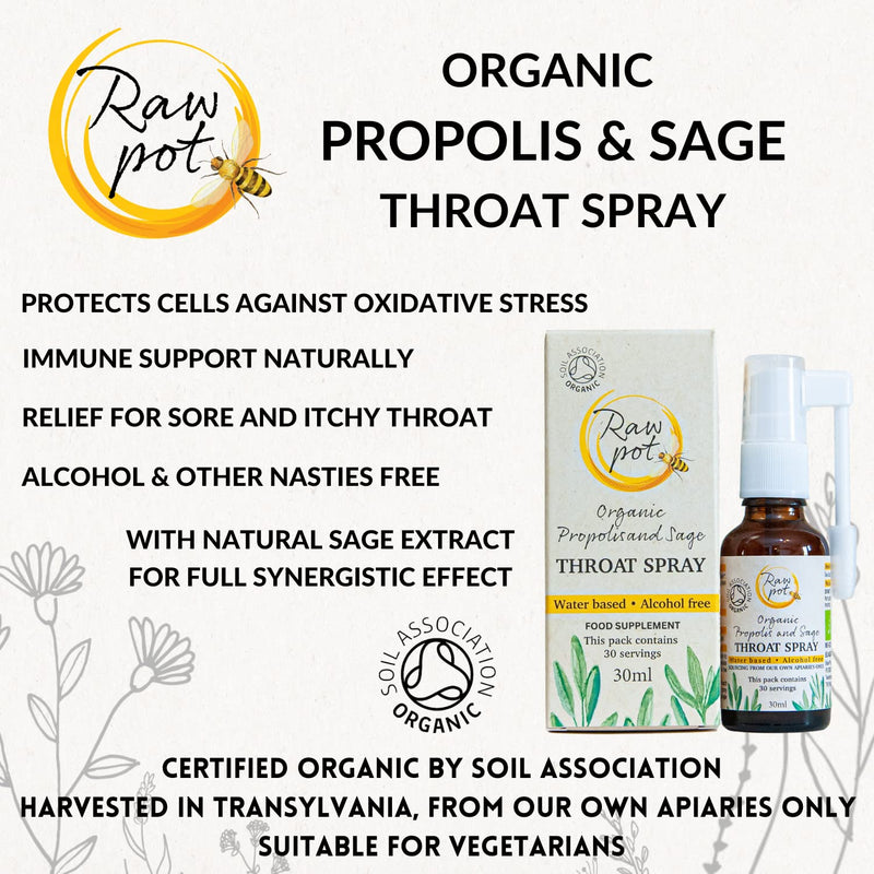 RAW POT - Organic Propolis and SAGE Throat Spray | Alcohol-Free 100% Pure Raw Bee Propolis Extract & Sage | Relief Sore Throat Spray & Soothes Pain, Immunity Support | Kids & Adults (30ml) PROPOLIS + SAGE - BeesActive Australia