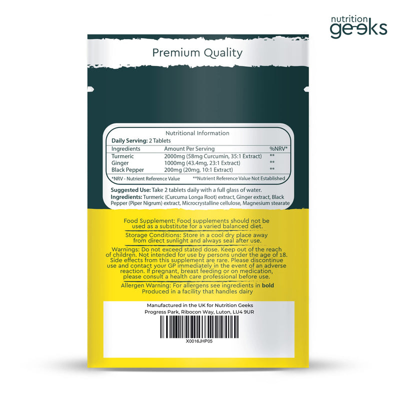 Turmeric Tablets 2000mg with Black Pepper & Ginger | 120 High Strength Curcumin Supplements | Turmeric and Black Pepper Tablets (Not Turmeric Capsules or Powder) | Vegan and Gluten Free | UK Made - BeesActive Australia