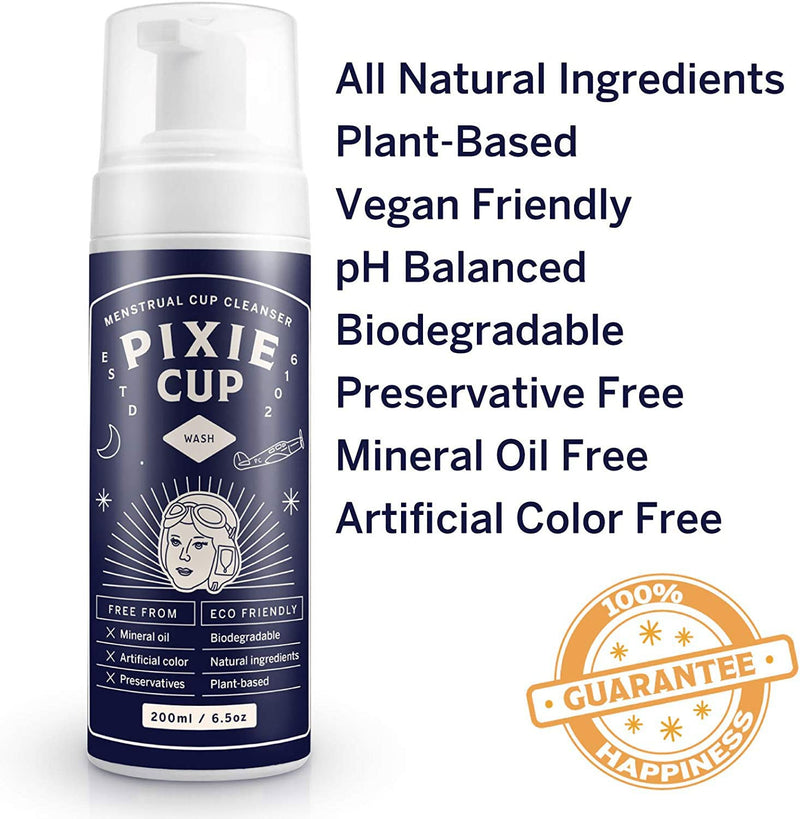 Pixie Menstrual Cup Wash - Foaming Dispenser - Cleaner Sterilizer for Period Cups & Discs - pH Balanced & Natural Organic Ingredients - Most Loved Formula To Wash Your Cup - Bamboo Printed Lid (6.5oz) 200 ml (Pack of 1) - BeesActive Australia