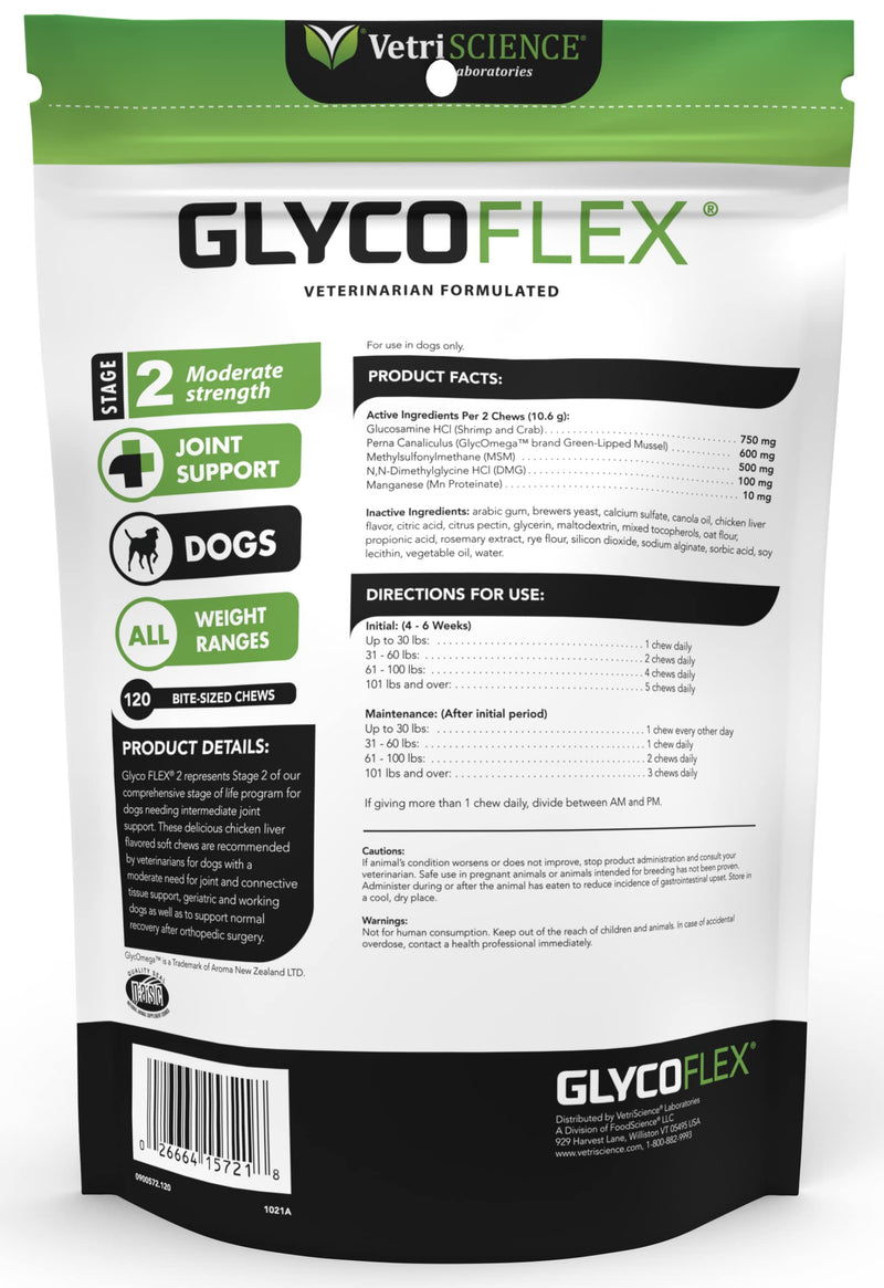 VetriScience Glycoflex 2 Hip and Joint Supplement for Working and Active Dog Breeds, Chicken, 120 Chews - Joint and Mobility Support for Competitive and Maturing Dogs - BeesActive Australia