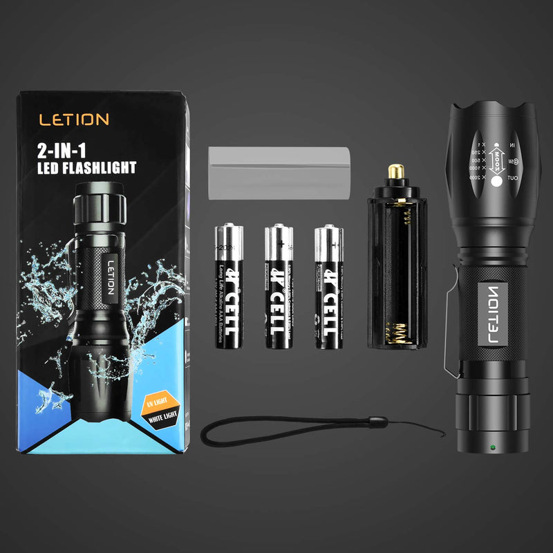 LETION UV Flashlight, LED UV Torch 2 in 1 UV Black Light with 500LM Highlight & 4 Mode & Waterproof for Pet Clothing Food Fungus Detection/Night Fishing/Travel - BeesActive Australia