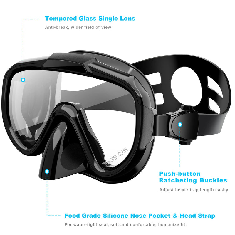 Snorkel Set, Zipoute Snorkel Dry Top Snorkeling Gear for Adults, Panoramic Anti-Leak and Anti-Fog Tempered Glass Lens, Adults Adjustable Snorkeling Set, Scuba Diving Swimming Training Snorkel Kit Black - BeesActive Australia
