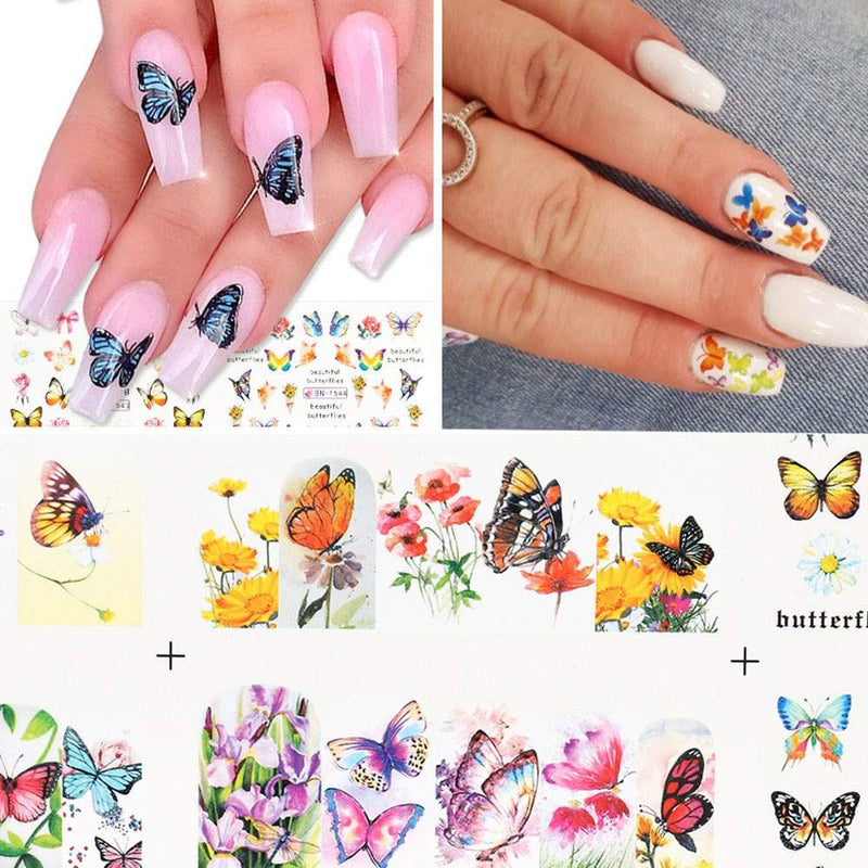 Butterfly Nail Art Decals Stickers Nail Accessories Decorations Nail Supplies Nail Art Stickers for Women Girls Butterfly Flower Stickers Water Transfer Decals Manicure 12 Sheets - BeesActive Australia