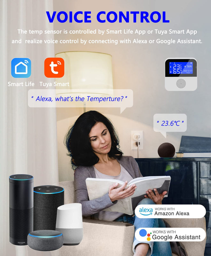 Room Thermometer Hygrometer with Extra Probe, 2.9" Backup Battery Buzzer Alarm & App Notification Alert Aquarium Temperature Humidity Gauge, Backlight Switch Humidity Monitor Support Alexa Google Home 2.9'' Screen - BeesActive Australia