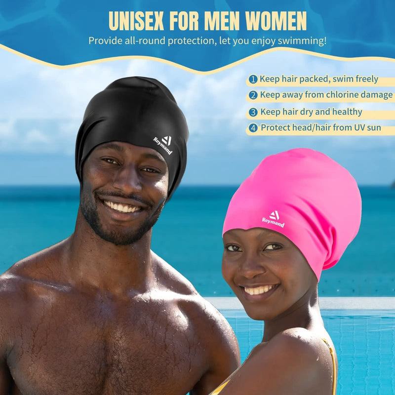 2 Pack Extra Large Swim Cap for Braids and Dreadlocks, Silicone Swimming Caps for Long Hair, Weaves, Extensions, Curls & Afros, Waterproof Adult Swim Hats Bathing Caps for Women Men Black+Rose Red - BeesActive Australia