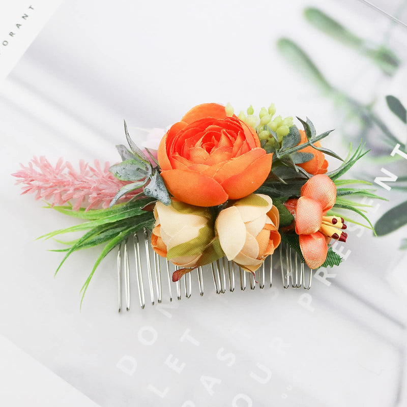 Flower Wedding Hair Comb Orange Floral Headpiece Artificial Bridal Prom Beach Hair Accessories for Women and Girls Wedding Sides Combs - BeesActive Australia