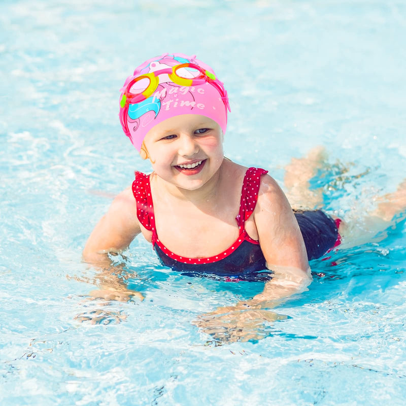 AuSletie Silicone Swim Caps for Kids Girls Aged 4-8, Unicorn Waterproof Swimming Caps Bathing Caps with Goggles Ear Plugs Nose Clip for Short/Long Hair - BeesActive Australia