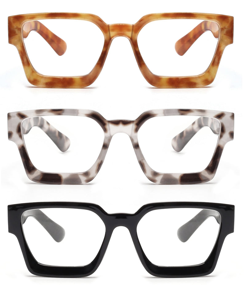JM 3 Pack Square Reading Glasses, Blue Light Blocking Computer Reader for women men 3 Pack Mixed Color 0.0 x - BeesActive Australia