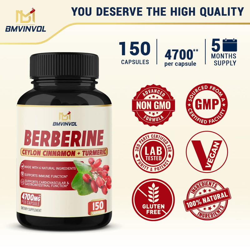 Berberine Supplement 4700mg - 5 Months Supply - High Potency with Ceylon Cinnamon, Turmeric - Supports Immune System, Cardiovascular & Gastrointestinal Function - Berberine HCl Supplement Pills - BeesActive Australia