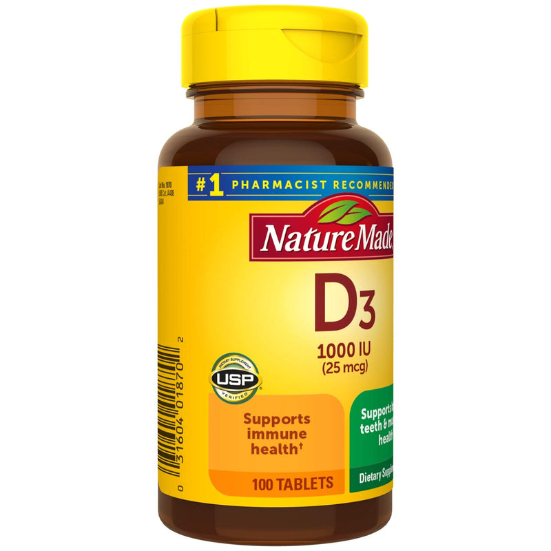 Nature Made Vitamin D3, 100 Tablets, Vitamin D 1000 IU (25 mcg) Helps Support Immune Health, Strong Bones and Teeth, & Muscle Function, 125% of Daily Value for Vitamin D in One Tablet (Pack of 3) 100 Count (Pack of 3) - BeesActive Australia