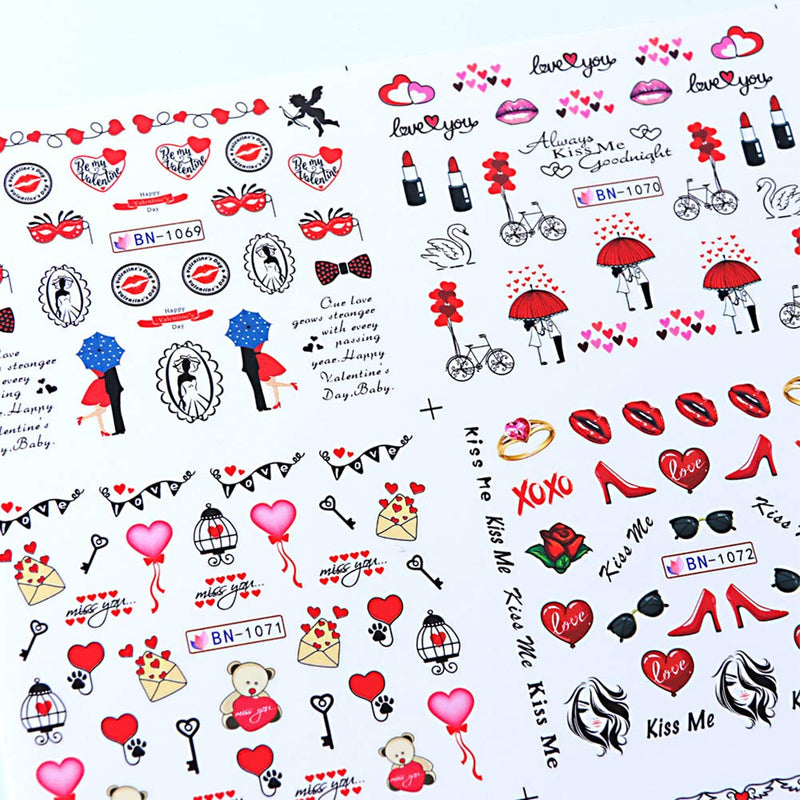 Valentine's Day Nail Art Stickers Water Transfer Nails Decals Lips Heart Letters Love Kiss Rose Pattern Nail Art Design for Women Girls Manicure Tips Charms Decorations Sexy Nails Supplies (12 Sheets) - BeesActive Australia