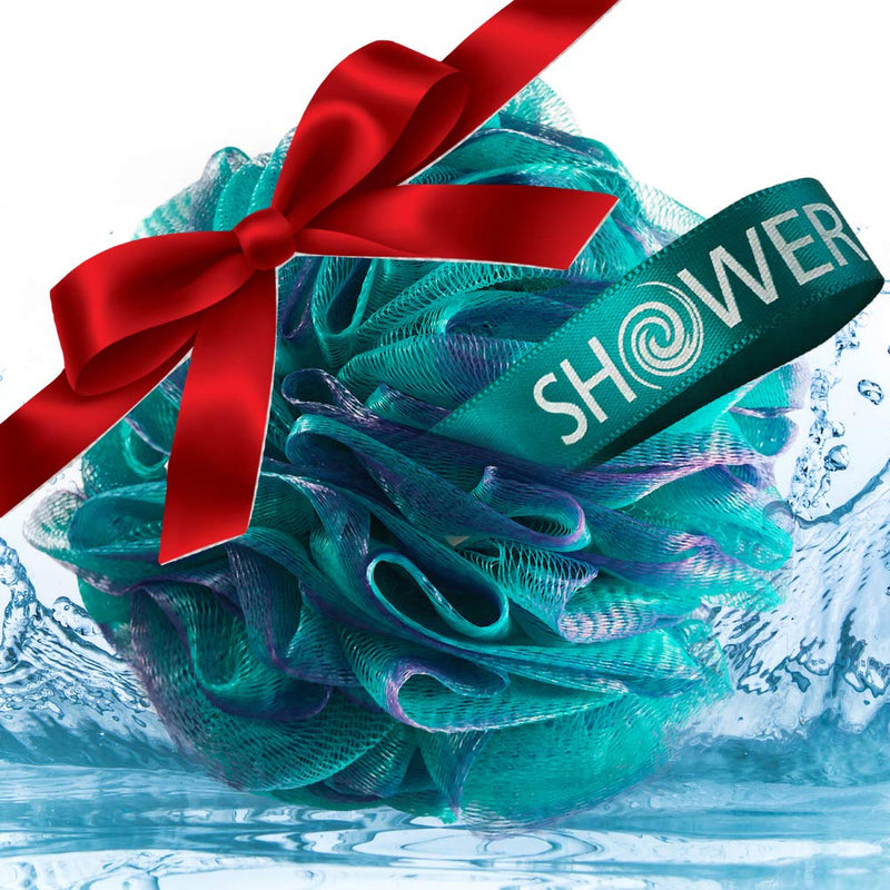 2-Side-Loofah-Back-Scrubber & Bath-Sponges by-Shower-Bouquet: 1-Long-Handle-Back-Brush Plus 2-Extra-Large 75g Soft Mesh Poufs, Men & Women - Exfoliate with Full Pure Cleanse in Bathing Accessories Green-white, Green-lavender - BeesActive Australia