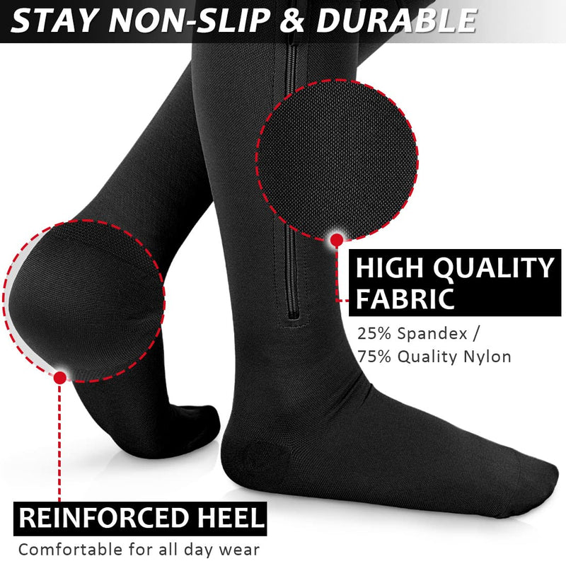 Ailaka Zipper Compression Socks for Men Women - 20-30 mmHg Close Toe Knee High Medical Compression Socks with Zipper, Zip Up Socks for Varicose Veins, Edema, Recovery, Pregnant, Nurse XX-Large (1 Pair) Black - BeesActive Australia
